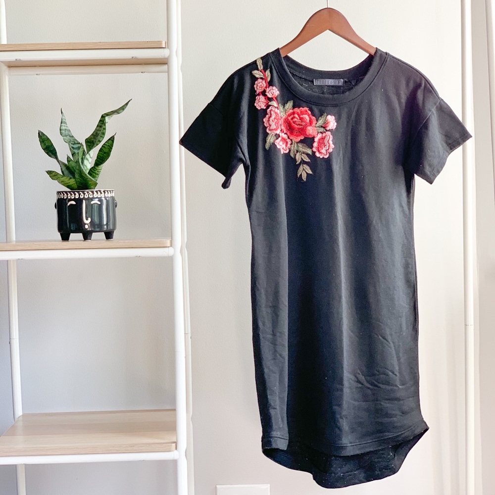 Rose embroidered black sweatshirt t-shirt dress